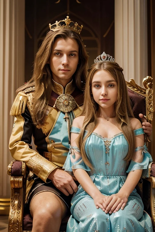 queen sitting on the throne next to the king, crown, gradient eyes, wide-eyed, blonde hair, light brown hair, very long hair, straight hair, very short hair, crown, crown, sparkling eyes, aqua eyes, smiley, Surrealism, modern, HD, 4K