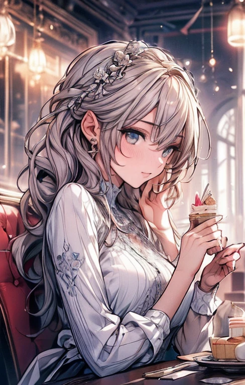 {{masterpiece}}，best quality，Highly detailed CG Unity 8K wallpaper，One woman，movie lighting，lens flare glow,
perfect style, perfect body, clear beautiful eyes, long eyelashes, Eat cake in a café,