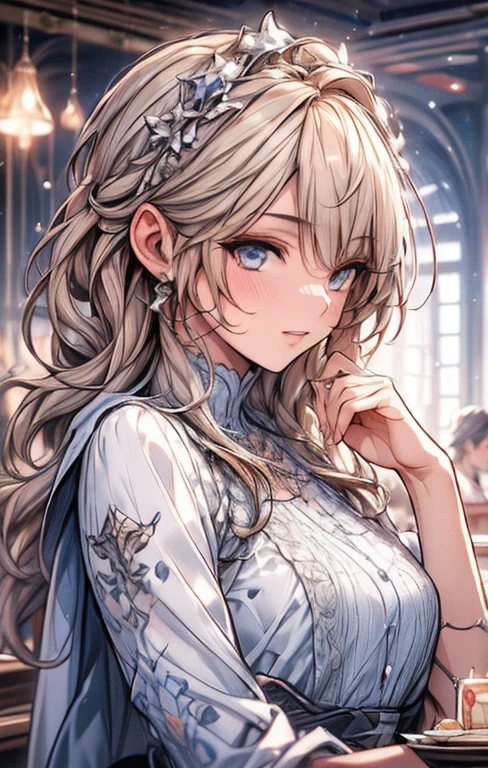 {{masterpiece}},best quality,Highly detailed CG Unity 8K wallpaper,One woman,movie lighting,lens flare glow,
perfect style, perfect body, clear beautiful eyes, long eyelashes, Eat cake in a café,