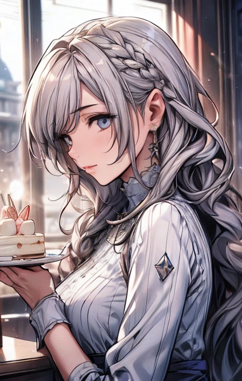 {{masterpiece}},best quality,Highly detailed CG Unity 8K wallpaper,One woman,movie lighting,lens flare glow,
perfect style, perfect body, clear beautiful eyes, long eyelashes, Eat cake in a café,