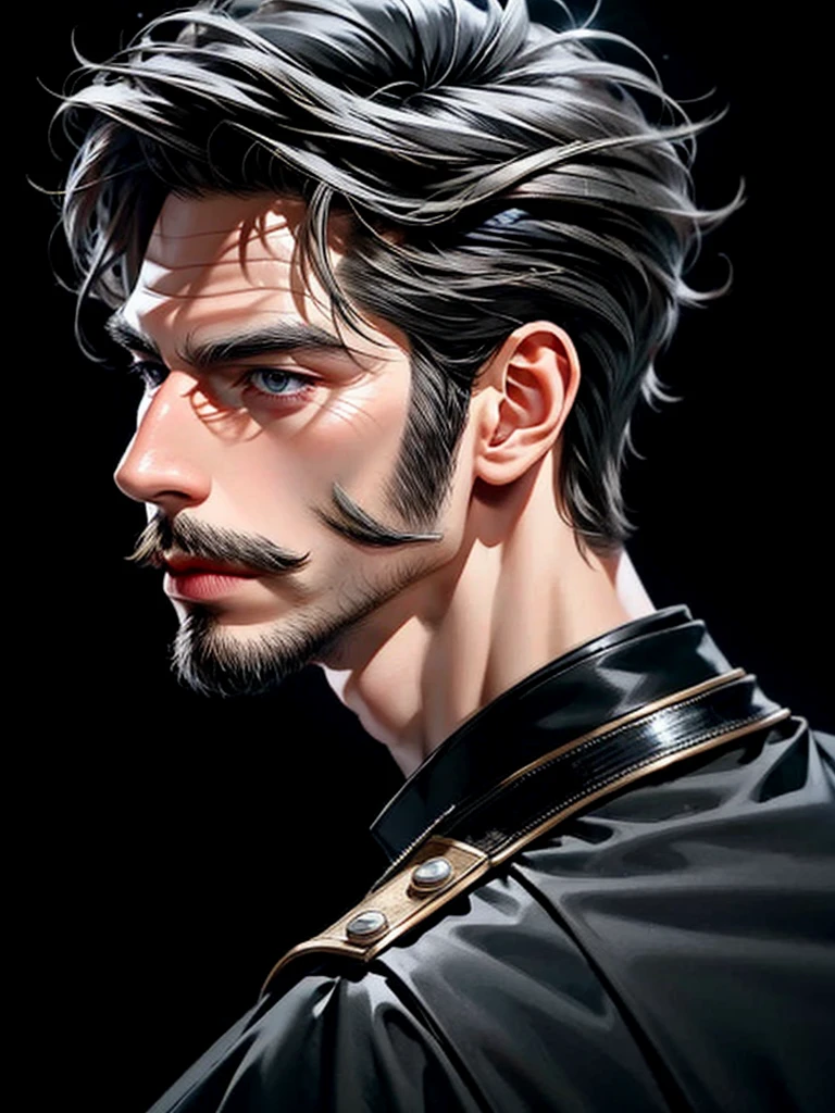 high quality, 8k, Ultra detailed, hdr, studio light, Masterpiece, complete sideview of face, Handsome side face, sleek nose, a man with mustache, azure big beautiful grey eyes, closed mouth, messy hair, dynamic pose realistic, detailed and correct facial structure, pomade hair style