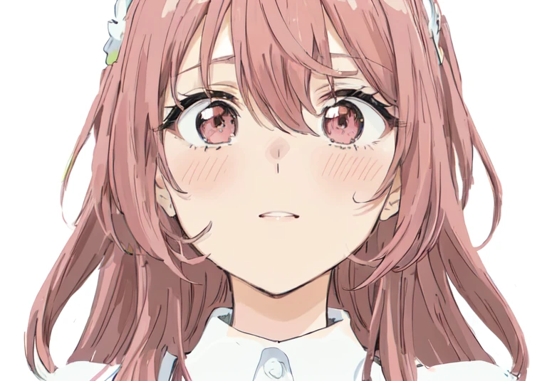 Chica anime con cabello largo rosa y una camisa blanca., visual anime de una linda chica, linda cara de anime, linda cara de anime natural, cara de chica anime extremadamente linda, cara de anime perfecta, ella tiene una linda cara expresiva, chica anime llamada lucy, slightly happy facial expression, primer plano de otro iwakura, Cara suave de anime detallada, bonita cara de anime, mejor chica anime