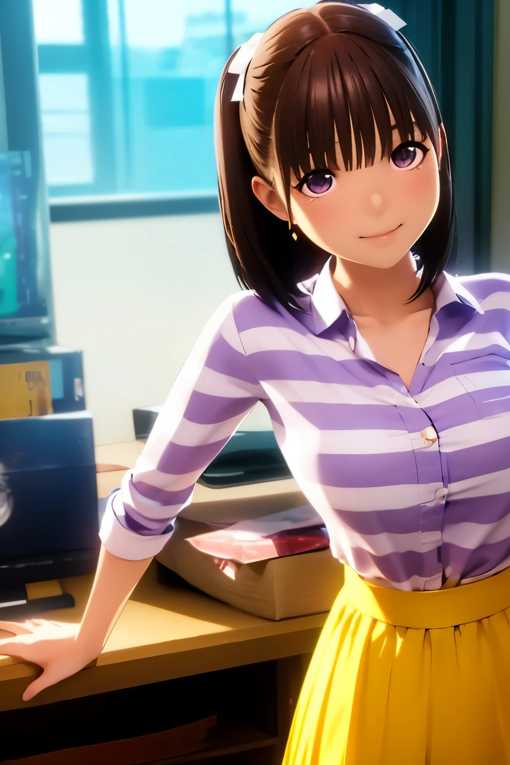 High resolution,8K,Best Quality,detailed,Semi-realistic anime,Anime 3D Style,Smooth anime CG,One girl,20 year old Japanese woman,Slim,model,Shiny brown hair,Medium Hair,detailedに書かれた顔,綺麗でdetailedな瞳,Glowing Skin,(Pink and white striped shirt),((Yellow Skirt)),Hard Focus Particles,Soft lighting,Looking at the audience,A sloppy smile