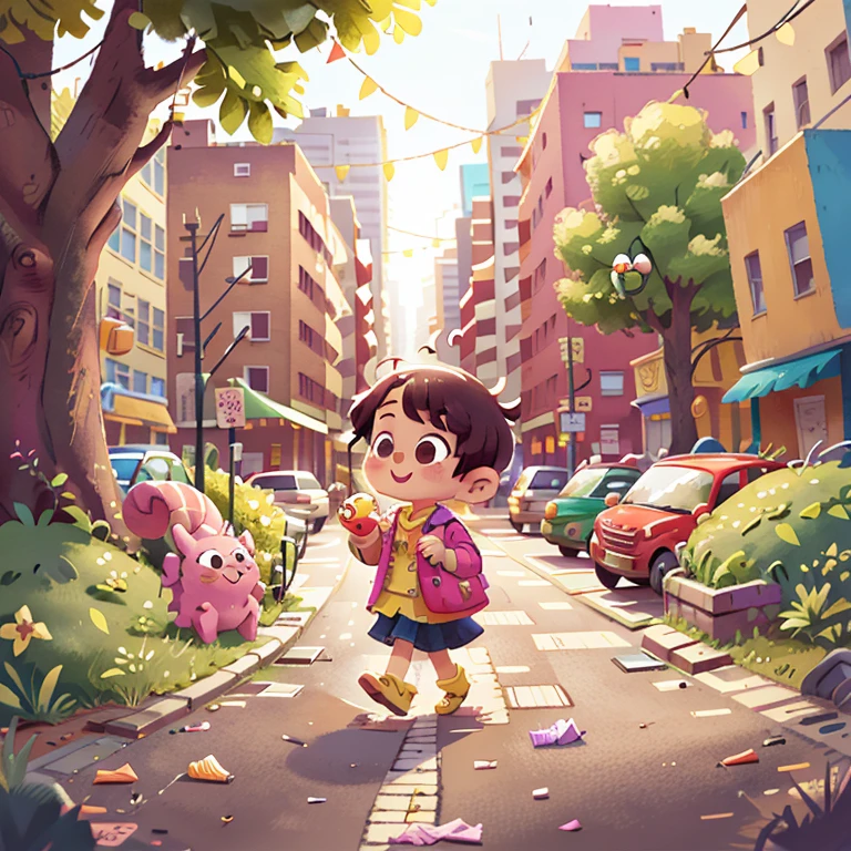 a  walking in the street, and happily eating her candy.