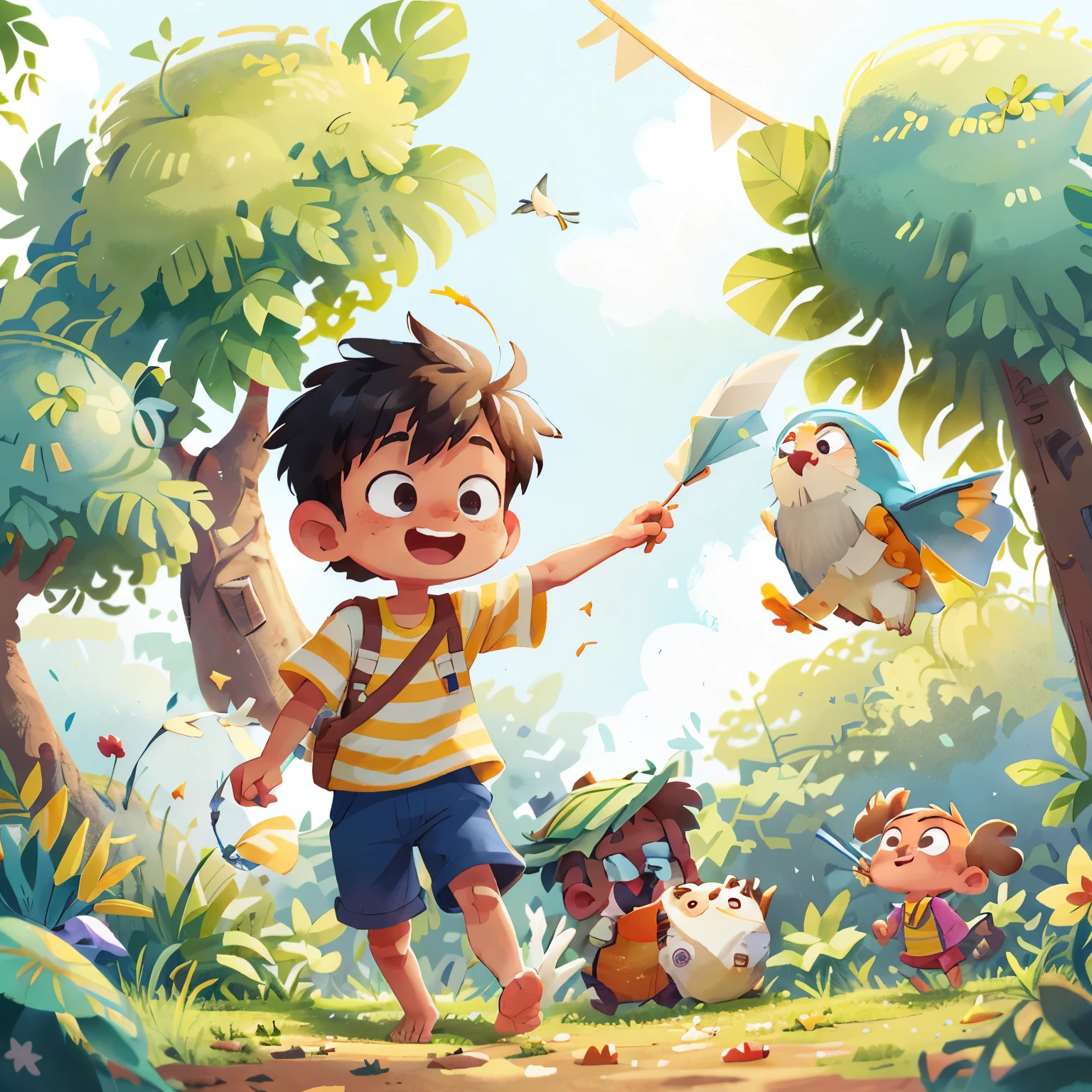 A Bihar boy, dressed in simple clothes and barefoot, joyfully plays amongst the lush greenery of an open field. The sun casts a warm glow on his young, freckled face as he laughs and skips through the grass, leaving behind a trail of footprints in the soft earth. Waving a colorful kite above his head, he watches it dance gracefully in the clear blue sky, the wind gently tugging at the strings. The playful chiming of the kite's tails adds to the peaceful ambiance, as birds sing harmoniously in the background and happy chatter echoes from other children at play. The simple joys of childhood in full bloom.