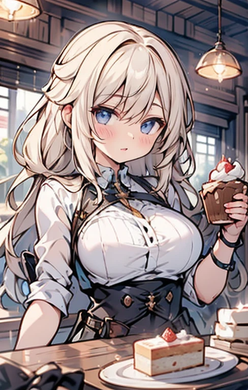 {{masterpiece}},best quality,Highly detailed CG Unity 8K wallpaper,One woman,movie lighting,lens flare glow,
perfect style, perfect body, clear beautiful eyes, long eyelashes, Eat cake in a café,