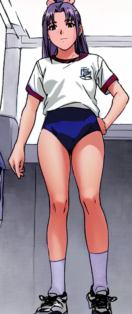 Momoko Koigakubo, a tall girl with beautiful legs, is standing with her legs spread to the side in a white gym uniform and light navy blue bloomers that look like panties.。This is looking up at Momoko from below.。