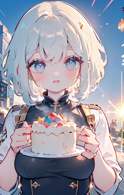 {{masterpiece}},best quality,Highly detailed CG Unity 8K wallpaper,One woman,movie lighting,lens flare glow,
perfect style, perfect body, clear beautiful eyes, long eyelashes, Eat cake in a café,