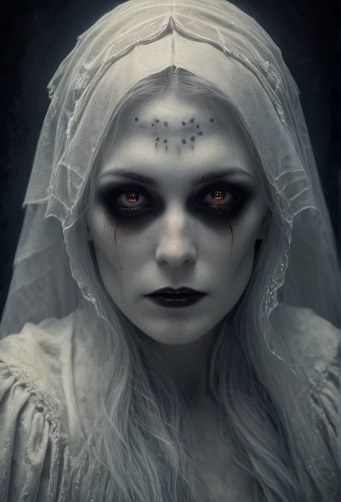 Dark art (chdmchlwrd style), photography transcending traditional media, a ghost woman, detailed skin with visible pores, mysterious presence, unsure if vampire, raytracing, 8k, hdr, masterpiece, award winning art, 35mm photography, amazing lighting, (Victoria Frances style), hyperreal art