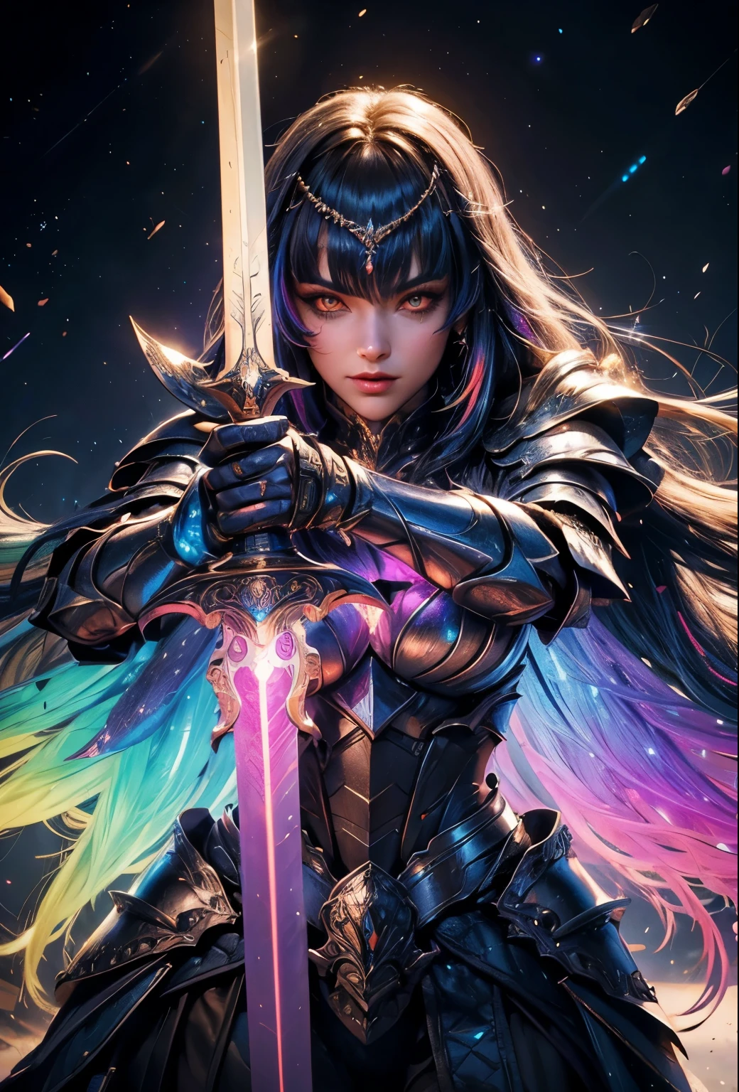 Bust ((from face to the waist)) Beauty girl in hyperrealistic detailed tight ornad elegant knight armor, detailed sharp galaxy glowing eyes, ((with glowing colorful fringe)), cinematic illumination 8k, (masterpiece), sharp focus, holding a great sword