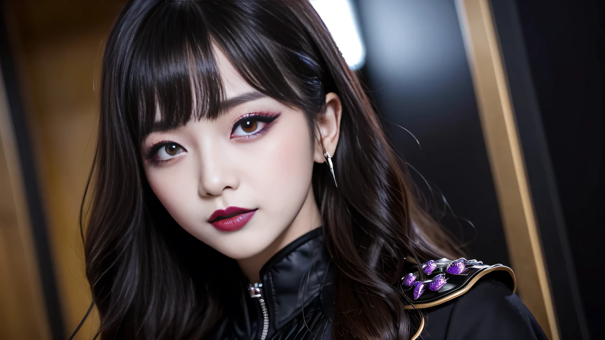 best quality、ultra-detailed、4k、Japanese、Seductive beauty、seductive adult woman、Pretty Woman、cool girl、Villainess、Brainwashed、brainwash、Fallen into evil、smirk、Evil look、Wicked Smile、evil、Brown hair、wavy hair、swept bangs、dark makeup、dark makeup、piercing eyes、hollow eyes,half-closed eyes、Hollow Eyes、purple Eyeshadow、black lipstick、black lipglos、Dark Costume、Costume of Evil、female cadres、night、inside school、Have lipstick、Emblem of Evil、Crest of Darkness、Swear allegiance、I have pledged my allegiance、Dye black、Blackening、Stained with evil、Dyed in darkness、Seduce