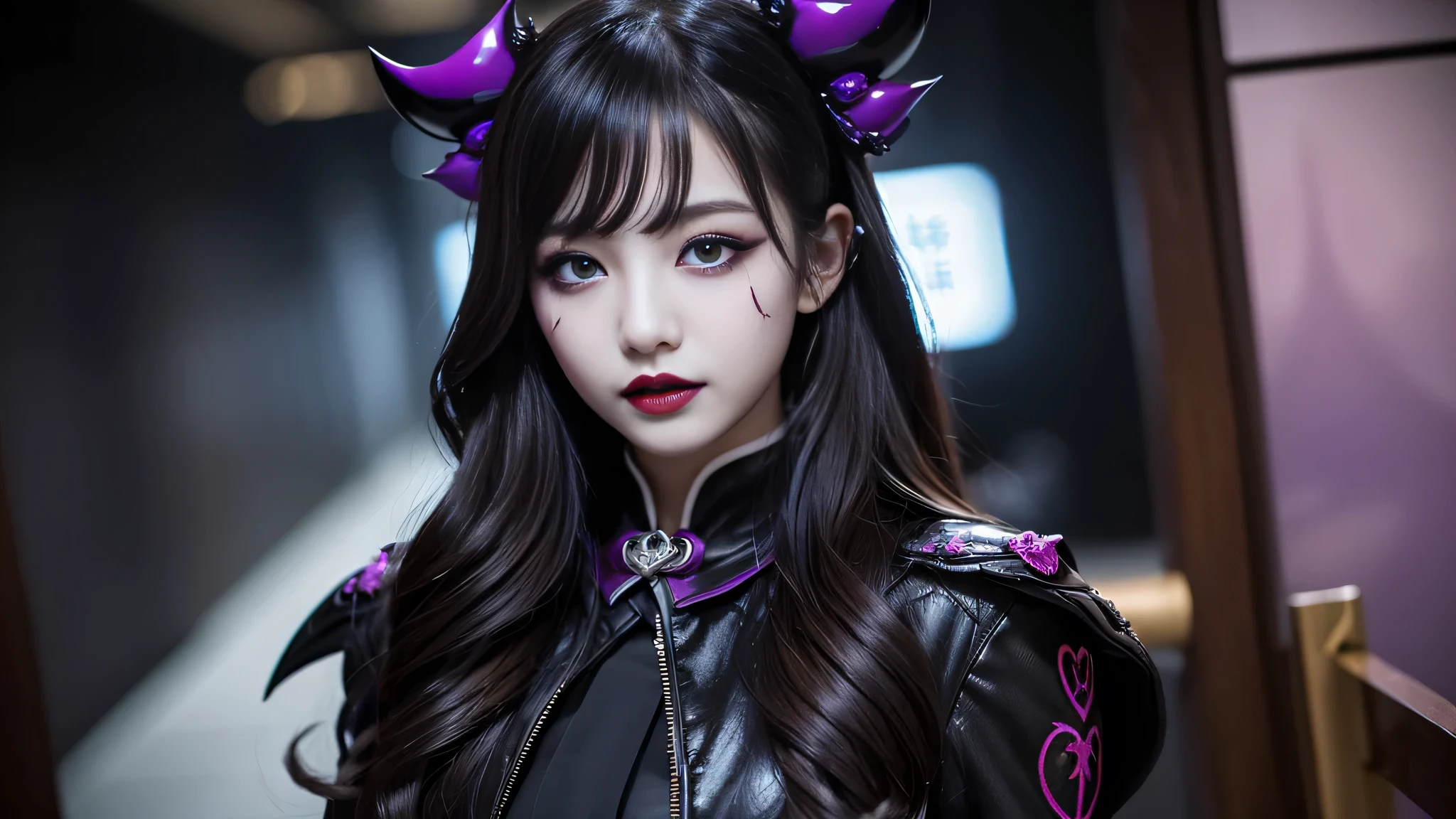 best quality、ultra-detailed、4k、Japanese、Seductive beauty、seductive adult woman、Pretty Woman、cool girl、Villainess、Brainwashed、brainwash、Fallen into evil、smirk、Evil look、Wicked Smile、evil、Brown hair、wavy hair、swept bangs、dark makeup、dark makeup、piercing eyes、hollow eyes,half-closed eyes、Hollow Eyes、purple Eyeshadow、black lipstick、black lipglos、Dark Costume、Costume of Evil、female cadres、night、inside school、Have lipstick、Emblem of Evil、Crest of Darkness、Swear allegiance、I have pledged my allegiance、Dye black、Blackening、Stained with evil、Dyed in darkness、Seduce