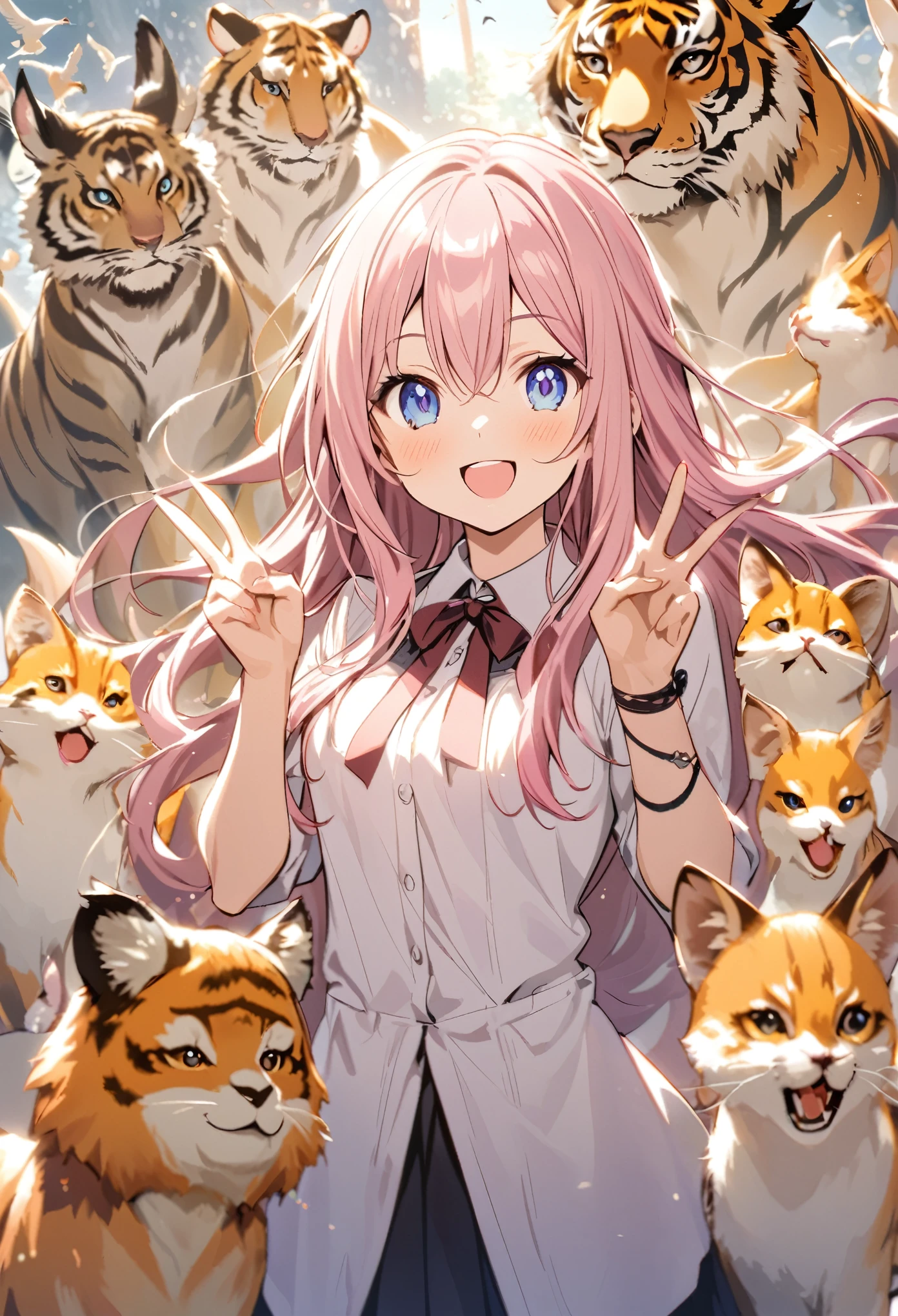 It's an anime-style scene where a pink-haired girl with long hair and an elegant shirt is surrounded by cats, making a "v" sign with her fingers up. She has her eyes and smile full of energy. Various animals such as birds, tigers, deer, foxes, and rabbits are cheerfully drawn in the background. --ar 3:4 --niji 6