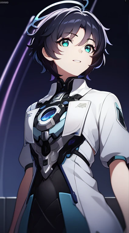 1female, short hair, black hair, cyan eyes, cyan halo above, white pharmacist coat, smiling teeth, standing, visual novel cg style, BREAK looking at viewer, BREAK (masterpiece:1.2), best quality, high resolution, unity 8k wallpaper, (illustration:0.8), (beautiful detailed eyes:1.6), extremely detailed face, perfect lighting, extremely detailed CG, (perfect hands, perfect anatomy)