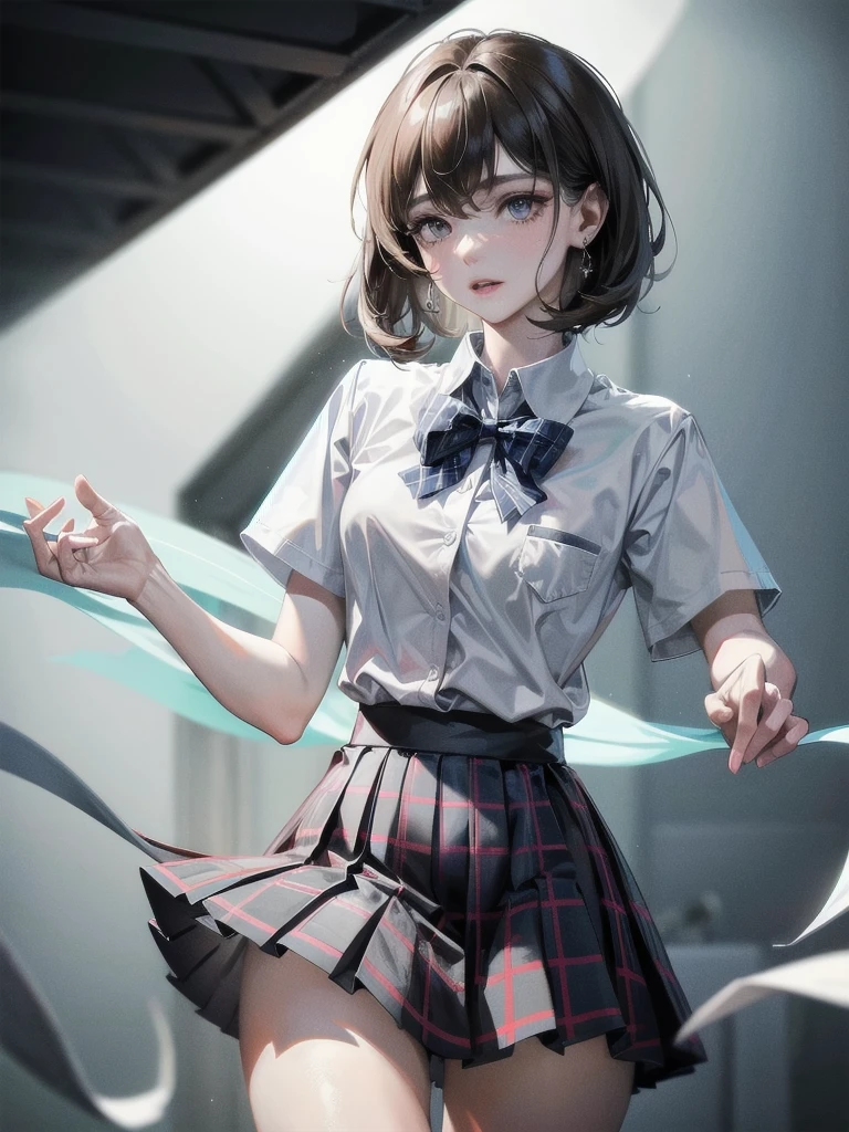 school_uniform, collared short sleeve shirt, white shirt, grey plaid pleated skirt, blue plaid bow tie, absurdres, RAW photo, extremely delicate and beautiful, masterpiece, Best Quality, ultra high resolution, 32k, hyperrealistic, ultra-detailed, detailed description, pale skin, 20 years old, tearful mole, earring, short medium hair, wavy hair, whole body shot,