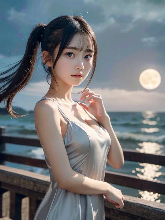 (Close up portrait of slender little breasted girl with twin-tailed hair fluttering in the wind in silk dress:1.5)、(Girl sadly looking at full moon shining in night sky:1.3)、(Full moon seaside :1.3)、(tre anatomically correct:1.3)、(complete hands:1.3)、(complete fingers:1.3)、Photorealsitic、Raw photography、masutepiece、top-quality、Hi-Res、delicate and pretty、face perfect、Beautiful detailed eyes、Fair skin、Real Human Skin、pores、((thin legs))、(Dark hair)