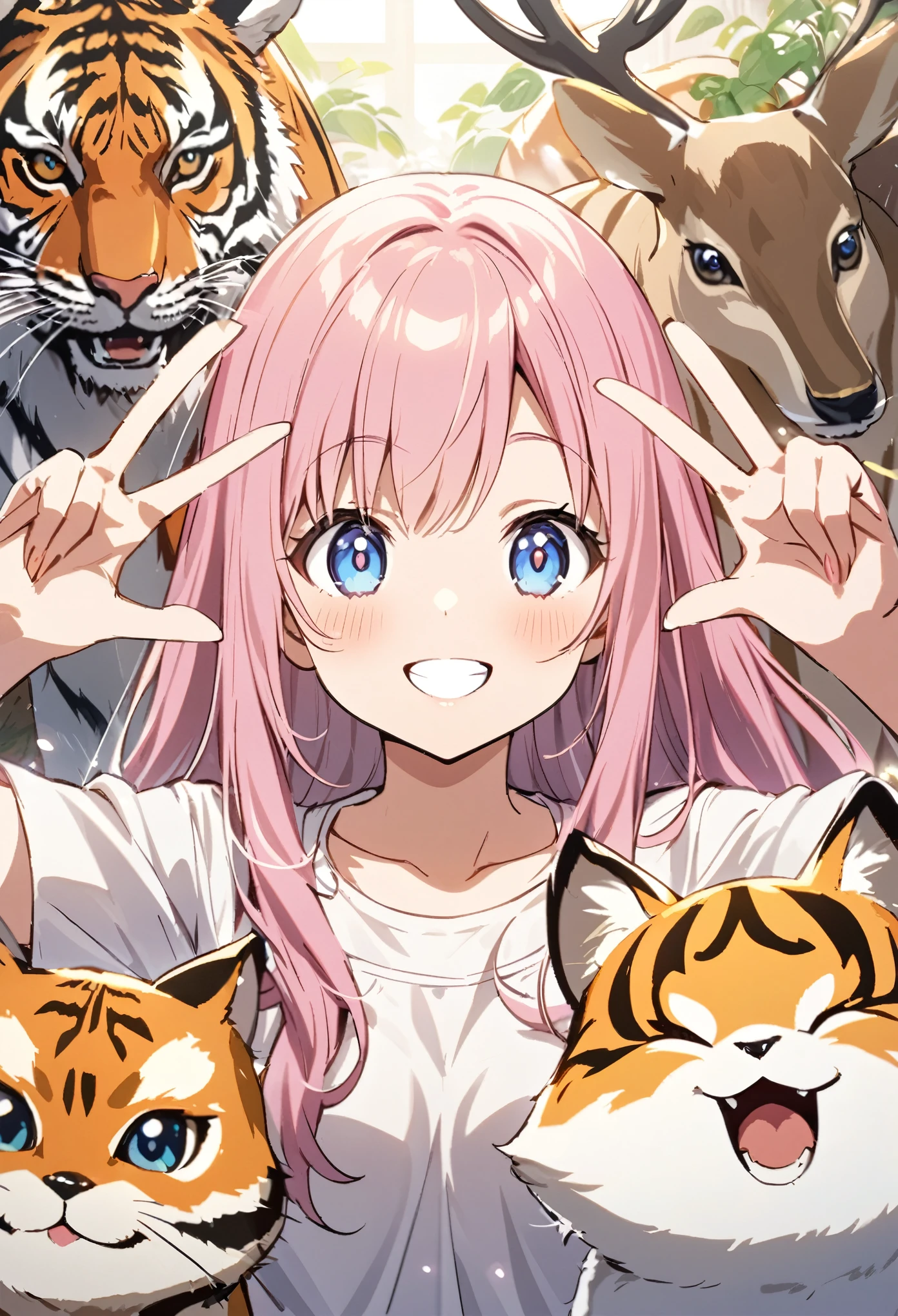 It's an anime-style scene where a pink-haired girl with long hair and an elegant shirt is surrounded by cats, making a "v" sign with her fingers up. She has her eyes and smile full of energy. Various animals such as birds, tigers, deer, foxes, and rabbits are cheerfully drawn in the background. --ar 3:4 --niji 6