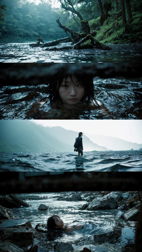 In the water,moss,Showa,Collapse,Devastation,Inside the ruins,Glasses,Women,adventure,Black and White,