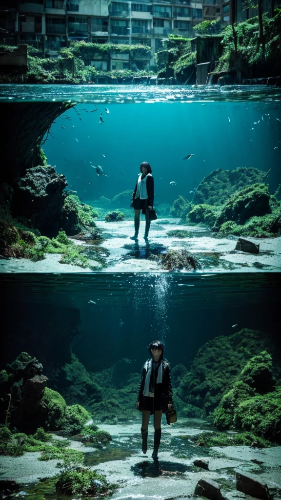In the water,moss,Showa,Collapse,Devastation,Inside the ruins,Glasses,Women,adventure,Black and White,