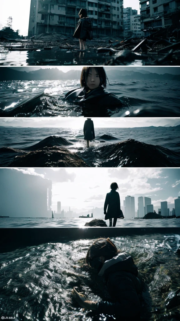 In the water,moss,Showa,Collapse,Devastation,Inside the ruins,Glasses,Women,adventure,Black and White,
