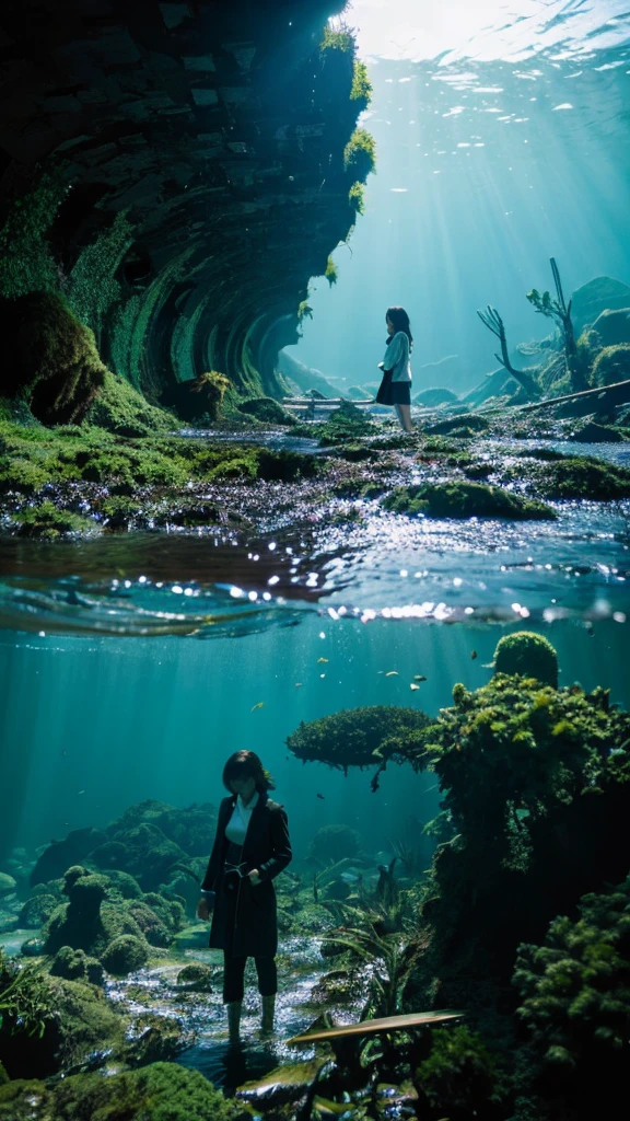 In the water,moss,Showa,Collapse,Devastation,Inside the ruins,Glasses,Women,adventure,Black and White,