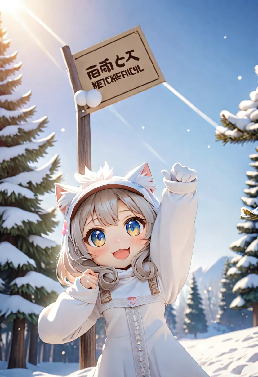 cat girl, chibi, in a horse costume, horse head cap, print on clothes, reaches for the sign, which hangs on a winter tree, pine tree, Rendering, Anime background art, pixiv contest winnerAnime girl with cat ears cute!! chibi!!! cat girl, милый anime cat girl, with index finger, Nekomimi, anime cat girl!, cat girl, furry фураффинность, masterpiece, top quality, Best quality, official art, Beautiful and aesthetically pleasing:1.2), 2D, (Best quality, masterpiece), anime, (very detailed face), (very detailed eyes), White background, Ideal lighting, dressed in a horse costume
