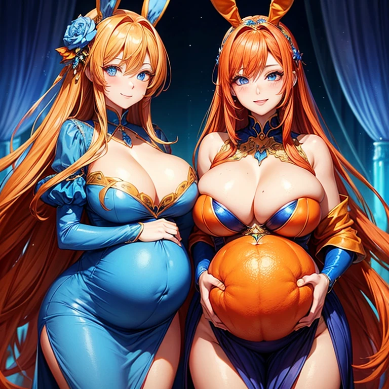 Beautiful sexy pregnant female sorceress, elegant formal detailed and tight blue dress with orange details, blue gems, mature, bunny ears, orange hair, piercing blue eyes, cleavage 