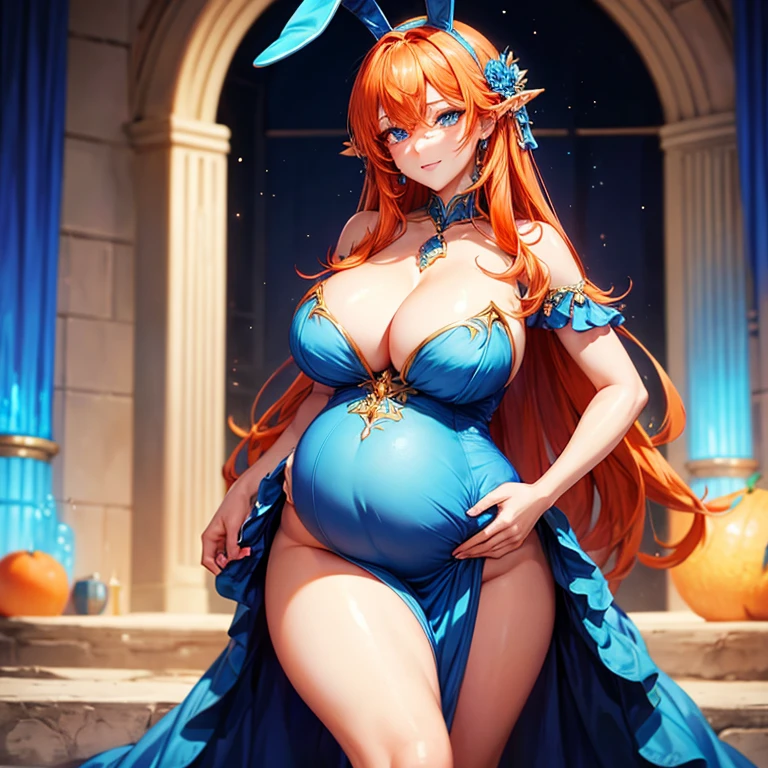 Beautiful sexy pregnant female sorceress, elegant formal detailed and tight blue dress with orange details, blue gems, mature, bunny ears, orange hair, piercing blue eyes, cleavage 