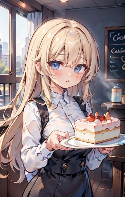 {{masterpiece}},best quality,Highly detailed CG Unity 8K wallpaper,One woman,movie lighting,lens flare glow,
perfect style, perfect body, clear beautiful eyes, long eyelashes, Eat cake in a café,