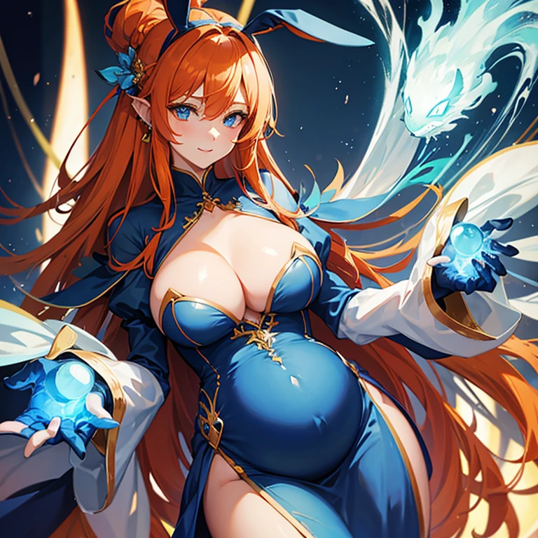 Beautiful sexy pregnant female sorceress, elegant formal detailed and tight blue dress with orange details, blue gems, mature, bunny ears, orange hair, piercing blue eyes, cleavage 