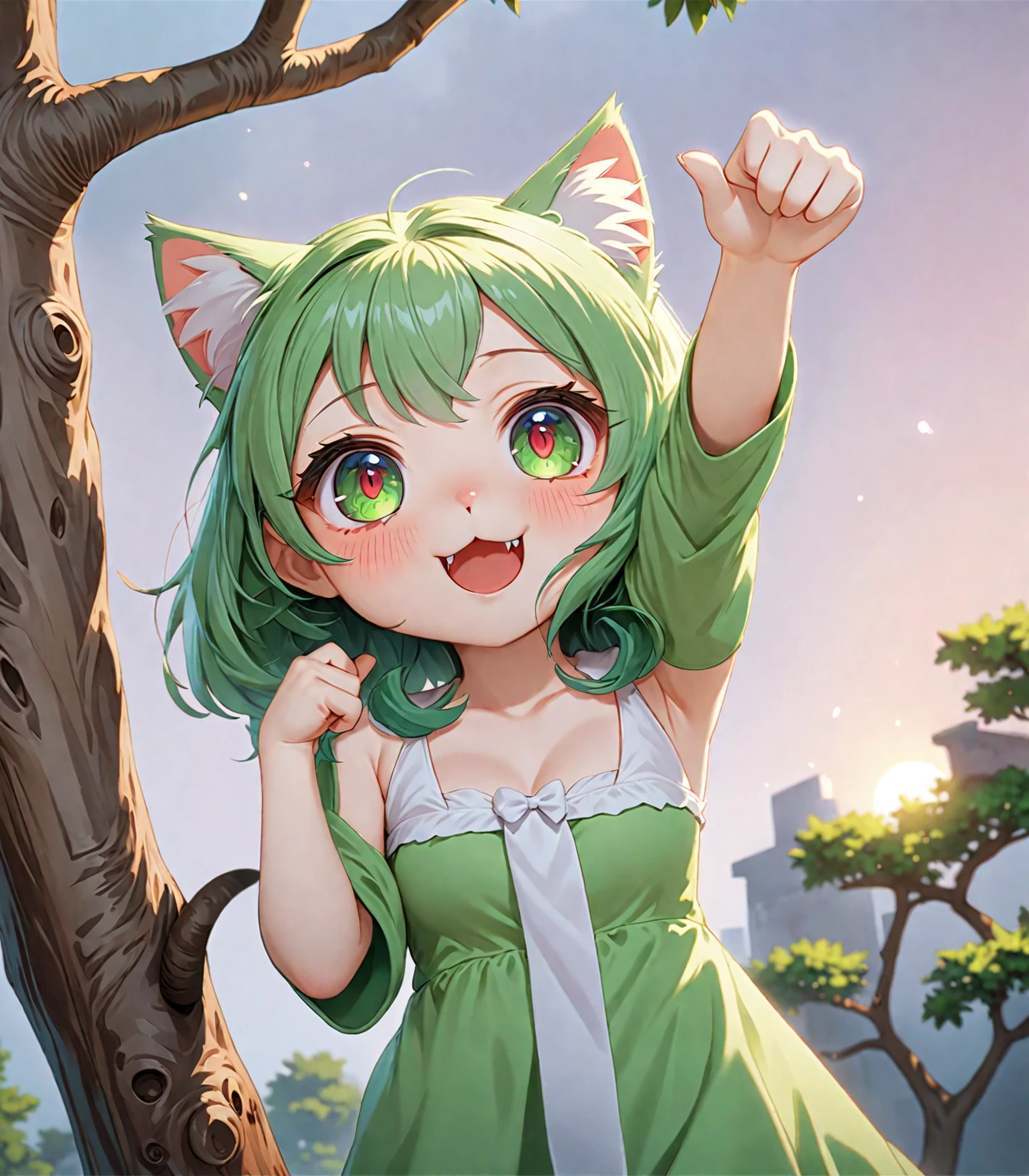 cat girl, chibi, zombie girl, green hair, green skin, Red eyes, tearing dress, reaches for the sign, which hangs on a scary tree, scary tree, Rendering, Anime background art, winner of the pixiv competition, Anime girl with cat ears cute!! chibi!!! cat girl, милый anime cat girl, with index finger, Nekomimi, anime cat girl!, cat girl, chemonomics, run, furry фураффинность, masterpiece, top quality, Best quality, official art, Beautiful and aesthetically pleasing:1.2), 2D, (Best quality, masterpiece), anime, (very detailed face), (very detailed eyes), White background, Ideal lighting, cat girl-зомби,