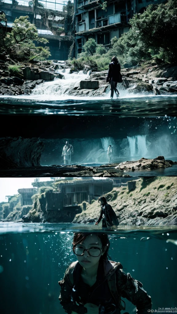 In the water,moss,Showa,Collapse,Devastation,Inside the ruins,Glasses,Women,adventure,Black and White,