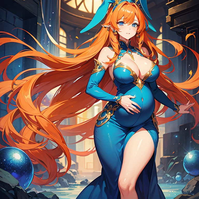 Beautiful sexy pregnant female sorceress, elegant formal detailed and tight blue dress with orange details, blue gems, mature, bunny ears, orange hair, piercing blue eyes, cleavage 