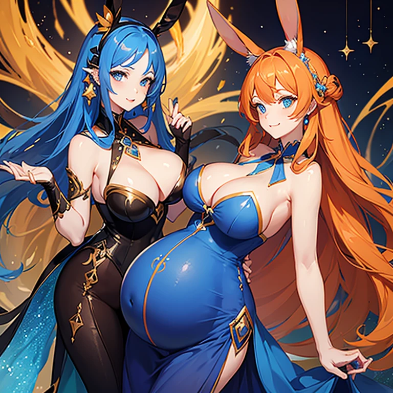 Beautiful sexy pregnant female sorceress, elegant formal detailed and tight blue dress with orange details, blue gems, mature, bunny ears, orange hair, piercing blue eyes, cleavage 