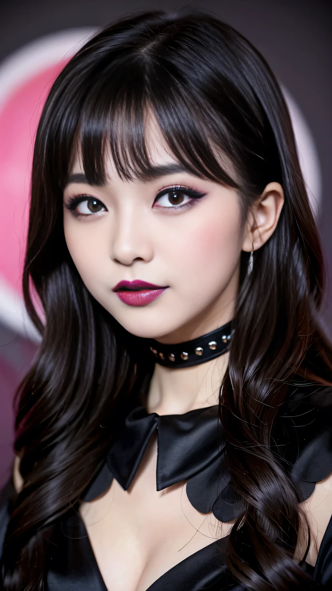 best quality、ultra-detailed、4k、Japanese、Seductive beauty、seductive adult woman、Pretty Woman、cool girl、Villainess、Brainwashed、brainwash、Fallen into evil、smirk、Evil look、Wicked Smile、evil、Brown hair、wavy hair、swept bangs、dark makeup、dark makeup、piercing eyes、hollow eyes,half-closed eyes、Hollow Eyes、purple Eyeshadow、black lipstick、black lipglos、Dark Costume、Costume of Evil、female cadres、night、inside school、Have lipstick、Emblem of Evil、Crest of Darkness、Swear allegiance、I have pledged my allegiance、Dye black、Blackening、Stained with evil、Dyed in darkness、Seduce