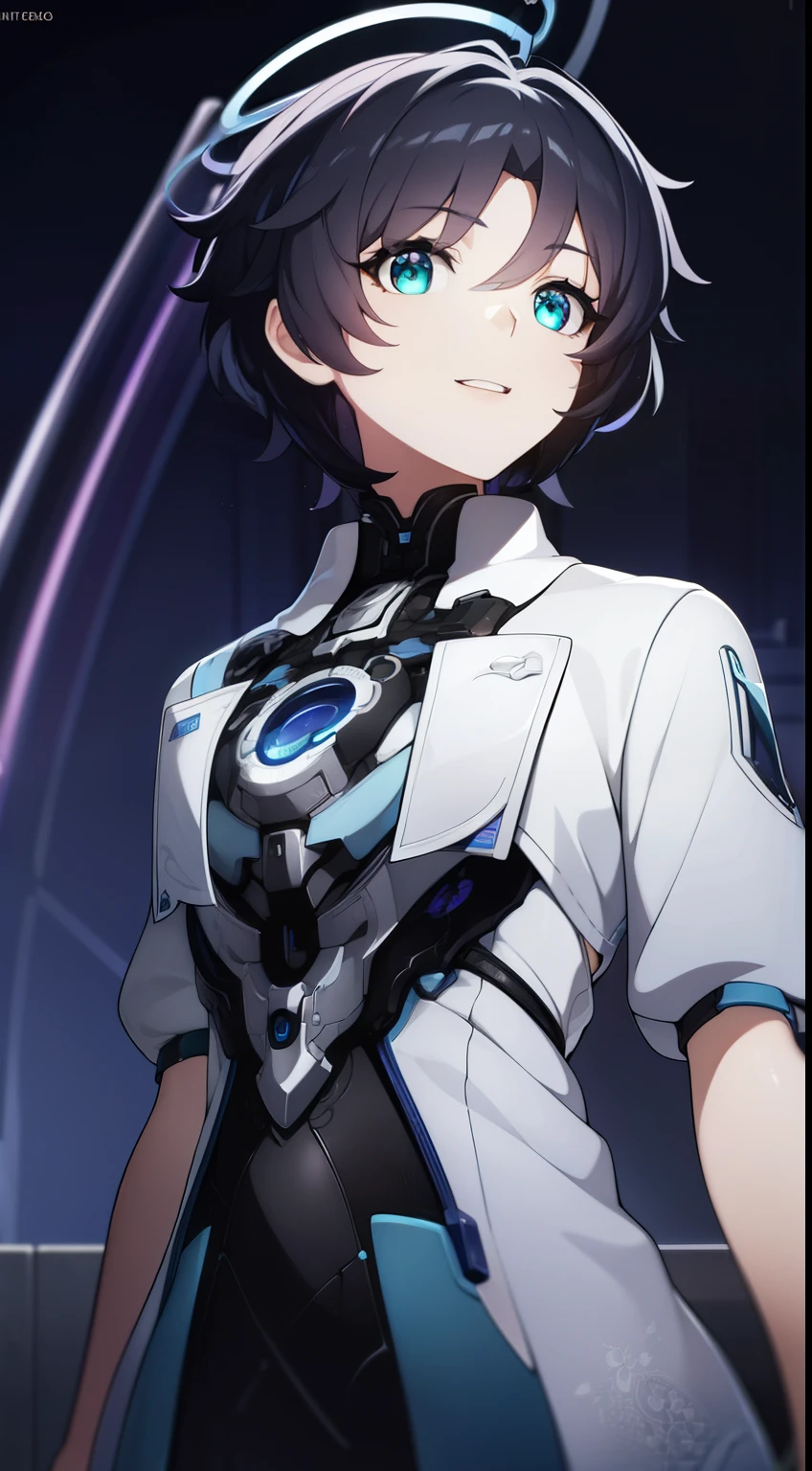 1female, short hair, black hair, cyan eyes, cyan halo above, white pharmacist coat, smiling teeth, standing, visual novel cg style, BREAK looking at viewer, BREAK (masterpiece:1.2), best quality, high resolution, unity 8k wallpaper, (illustration:0.8), (beautiful detailed eyes:1.6), extremely detailed face, perfect lighting, extremely detailed CG, (perfect hands, perfect anatomy)