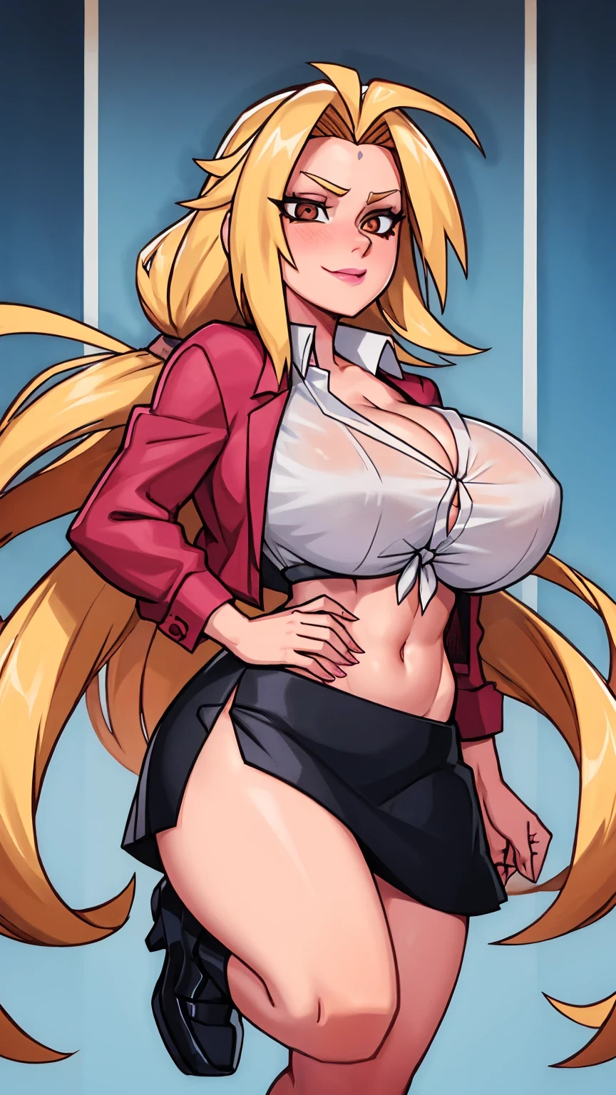 A sexy woman with a big breast, long blonde hair, her brown eye, pink lip, wears a white button-down shirt, tied in a knot, shows her navel, and her black skirt, wearing black heels.