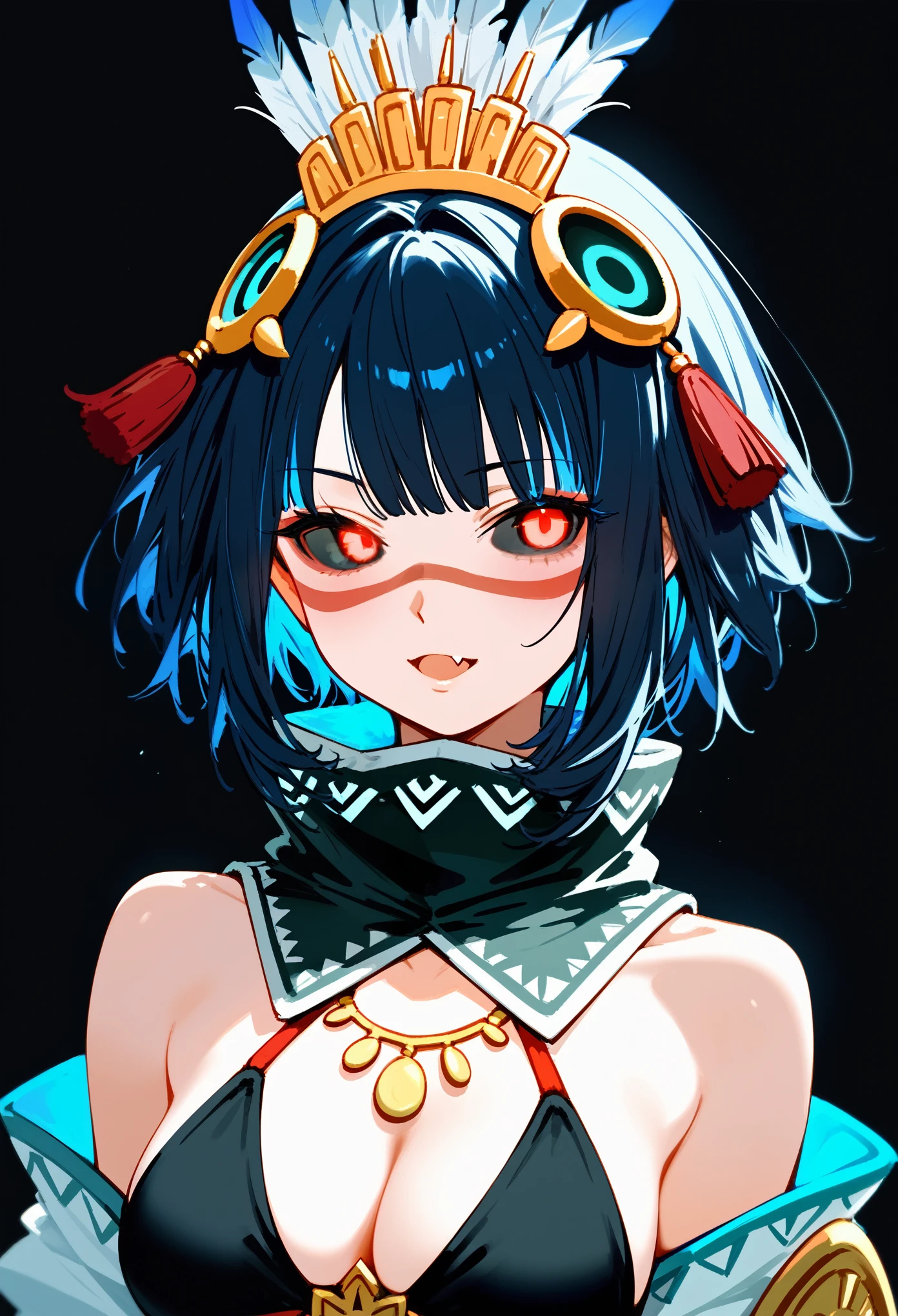 upper body, 1girl, solo, black sclera, red eyes, glowing eyes, short hair, black hair, sidelocks, inner blue hair, eyeliner, feathers, headdress, facepaint, jewelry, bracer, tassel, high collar, detached collar, sash, halterneck, cleavage, bare shoulders, neutral, portrait, fang, black background, simple background, masterpiece, score_9, score_8_up, score_7_up