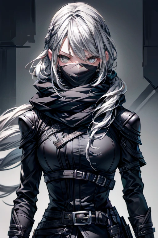 (masterpiece, best quality, perfect face, expressive eyes), 1girl, grey eyes, silver hair, rogue leather  outfit, black mask, 