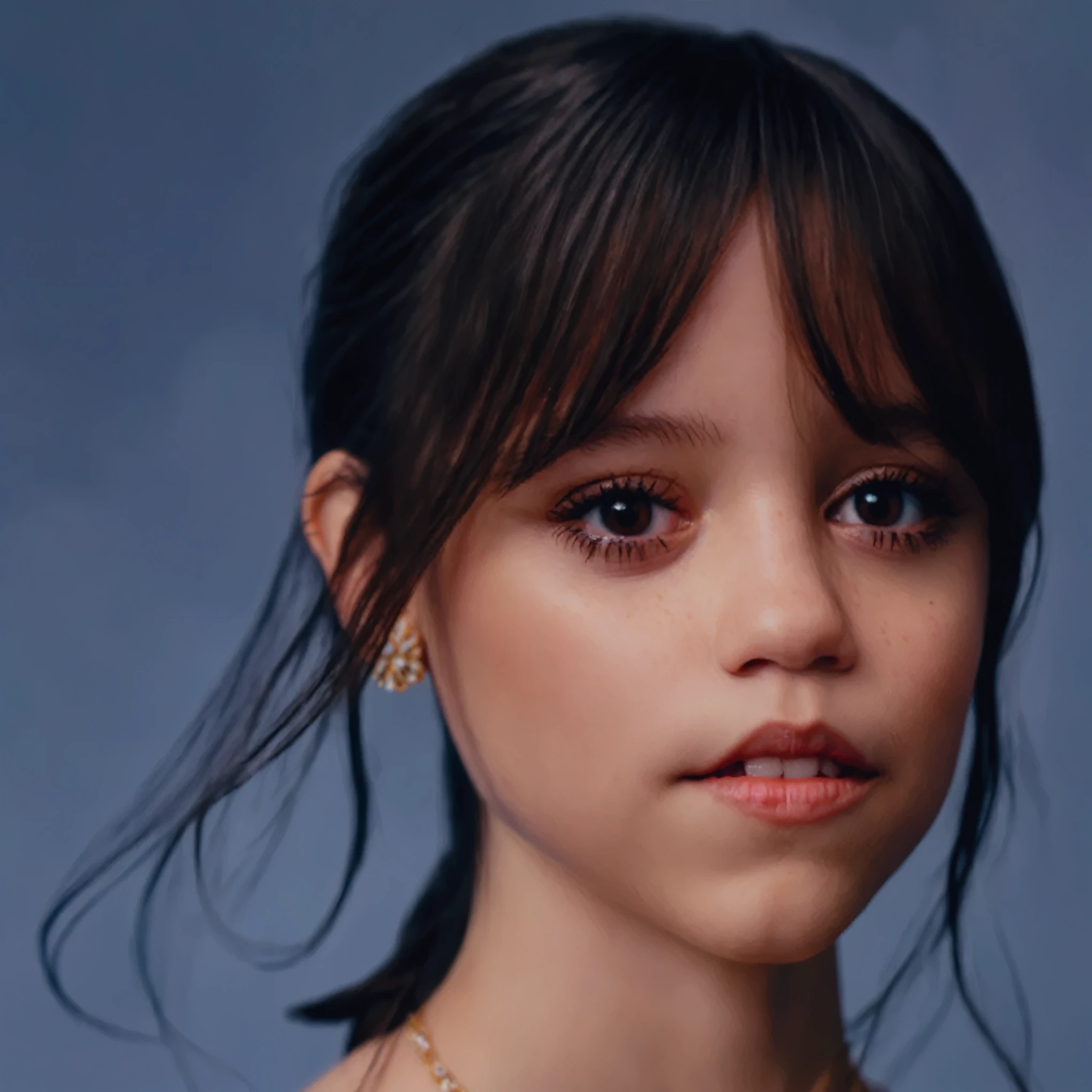 eine Nahaufnahme von Jenna Ortega mit einer Halskette um den Hals, ihr Gesicht sieht aus wie eine Orchidee, dafne keen, sieht aus wie Christina Ricci, Isabela Moner, digital art. @Abonnieren, hyper-realistic beautiful face, Very pretty face, Hyperrealistische Gesichter, hyperrealistisches Farbfoto, Beautiful and realistic faces, Beautiful and realistic face