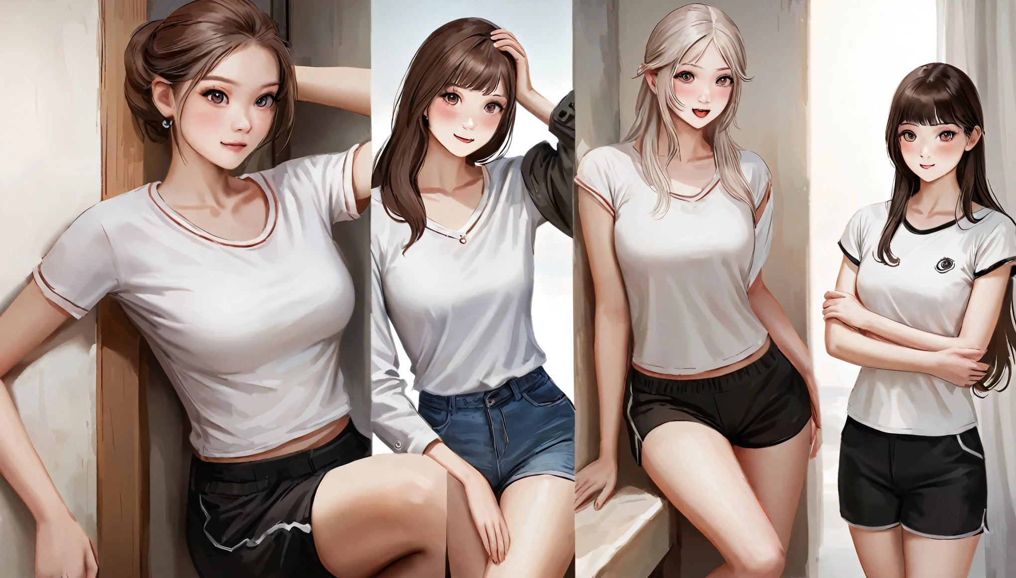 fotorrealista, high resolution, 1 , cabelo branco, coreano, olhos azuis, camisa branca, shorts pretos apertados, coxas grossas