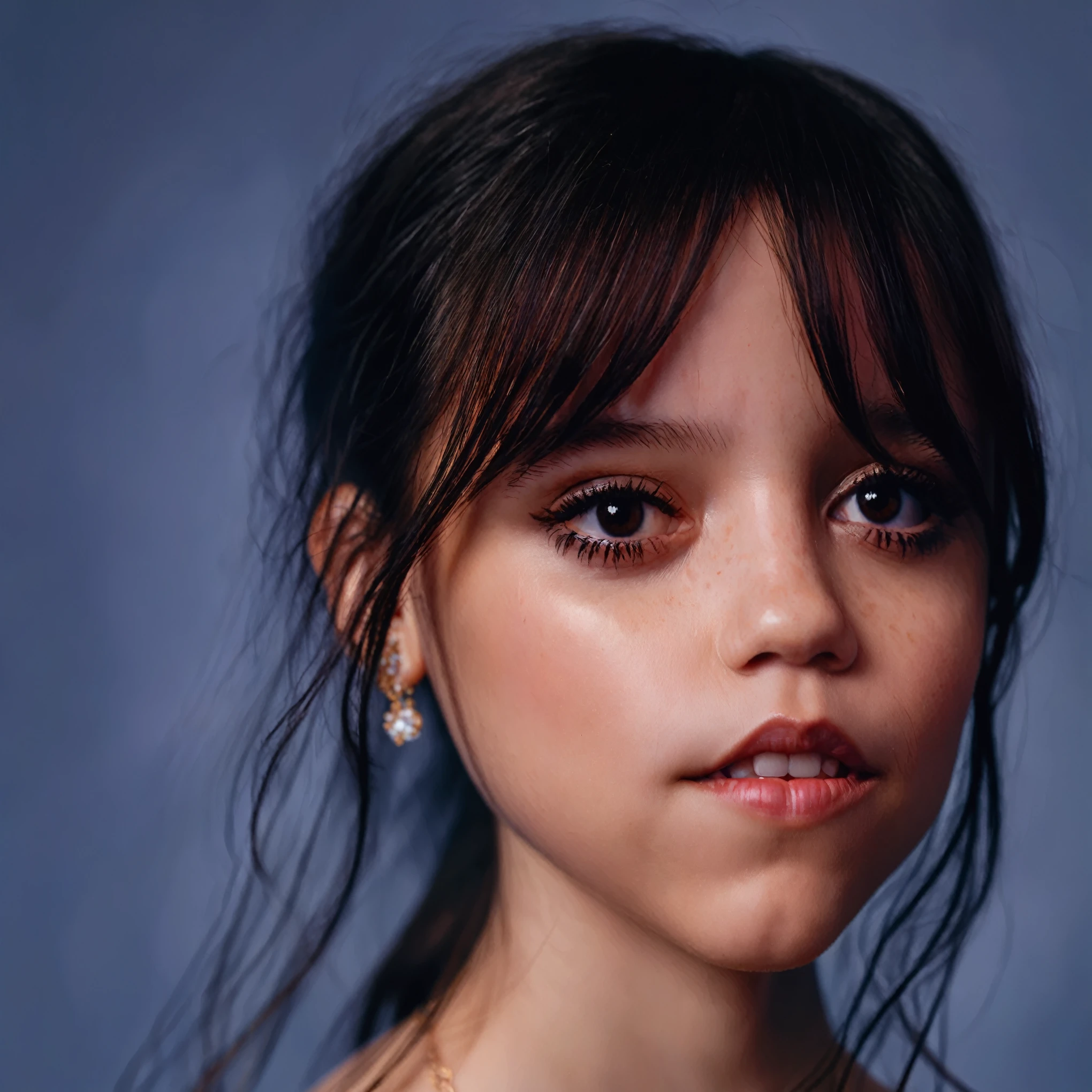 eine Nahaufnahme von Jenna Ortega mit einer Halskette um den Hals, ihr Gesicht sieht aus wie eine Orchidee, dafne keen, sieht aus wie Christina Ricci, Isabela Moner, digital art. @Abonnieren, hyper-realistic beautiful face, Very pretty face, Hyperrealistische Gesichter, hyperrealistisches Farbfoto, Beautiful and realistic faces, Beautiful and realistic face