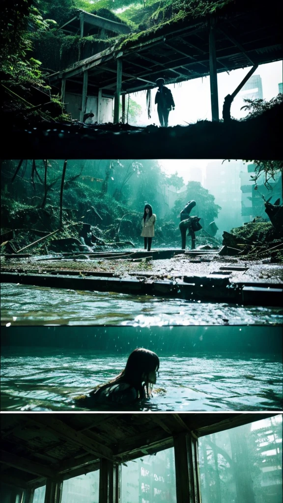 In the water,moss,Showa,Collapse,Devastation,Inside the ruins,Glasses,Women,adventure,Black and White,