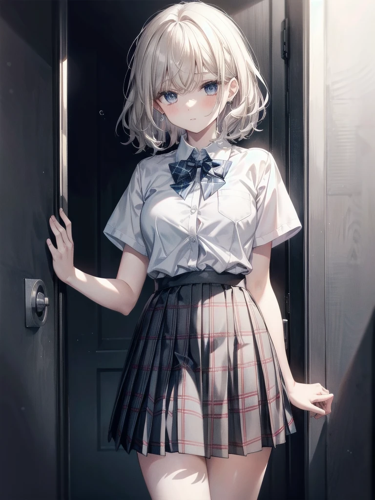 school_uniform, collared short sleeve shirt, white shirt, grey plaid pleated skirt, blue plaid bow tie, absurdres, RAW photo, extremely delicate and beautiful, masterpiece, Best Quality, ultra high resolution, 32k, hyperrealistic, ultra-detailed, detailed description, pale skin, 20 years old, tearful mole, earring, short medium hair, wavy hair, whole body shot,