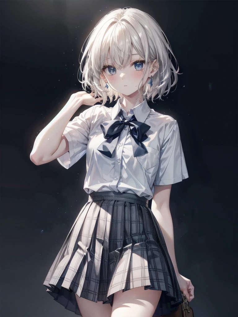 school_uniform, collared short sleeve shirt, white shirt, grey plaid pleated skirt, blue plaid bow tie, absurdres, RAW photo, extremely delicate and beautiful, masterpiece, Best Quality, ultra high resolution, 32k, hyperrealistic, ultra-detailed, detailed description, pale skin, 20 years old, tearful mole, earring, short medium hair, wavy hair, whole body shot,