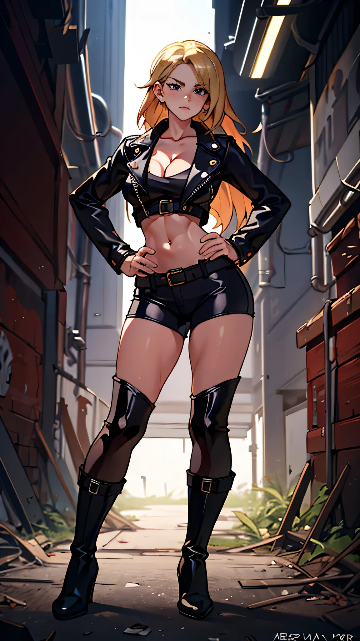 Masterpiece, best quality, Masterpiece, best quality, 1 woman, long blonde hair , Black leather motorcycle jacket , big breasts , abdomen , Long legs , Put your hands on your hips. , Long legs leather pants , boots , full body , abandoned factory , at night