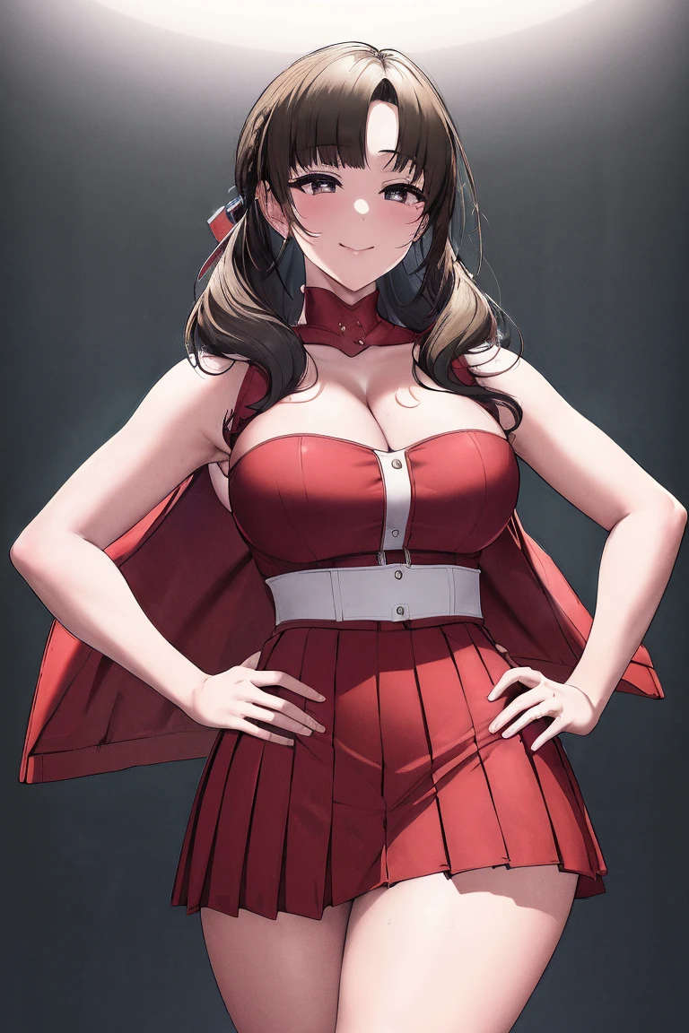 (masterpiece, the best quality:1.2), Cowboy shooting, Solitary, 1 Girl, Makoto Ohama,Charming smile, Shut up, looking at the audience,posture, Hands on Hips,Big breasts(((Large Breasts、Low-cut，Cleavage, Wide hips,)))((Long legs)),Hourglass figure, ,Headband, Osukidev, Strapless, lace up boots, army, army , pleated skirt, (Red Jacket:1.5), skirt, High Leg Raise, , white High Leg Raise, white ribbon, Buttons, (sleeveless:1.5),National Foundation,Official Art,Extremely detailed CG unity 8k wallpaper, Perfect lighting, (masterpiece:1.0),(the best_quality:1.0), Ultra-high resolution,4k,Extremely detailed, photography, 8K, HDR, High resolution, absurd:1.2, Kodak Portrait 400, Film Grain, Blurred background, Bokeh:1.2, lens flare, (energetic_color:1.2),(beautiful_Face:1.5),(narrow_waist),(Perfect hands, Perfect anatomical structure),