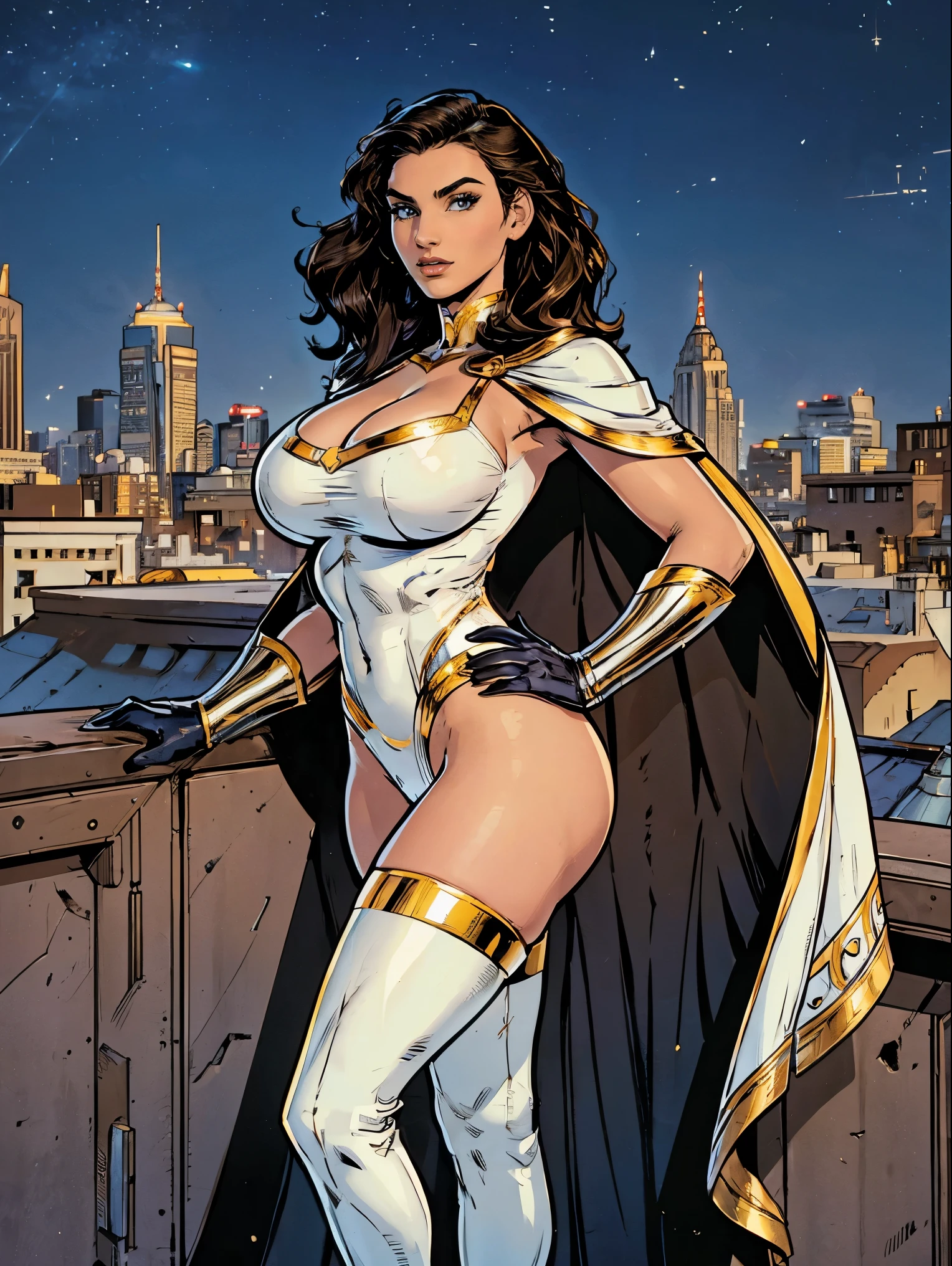 Gorgeous and sultry busty athletic (thin) brunette with sharp facial features and a (large nose) and (huge boobs) wearing a white and gold superhero leotard, cape, gloves, thigh-high boots. City skyline, rooftops, daytime.
