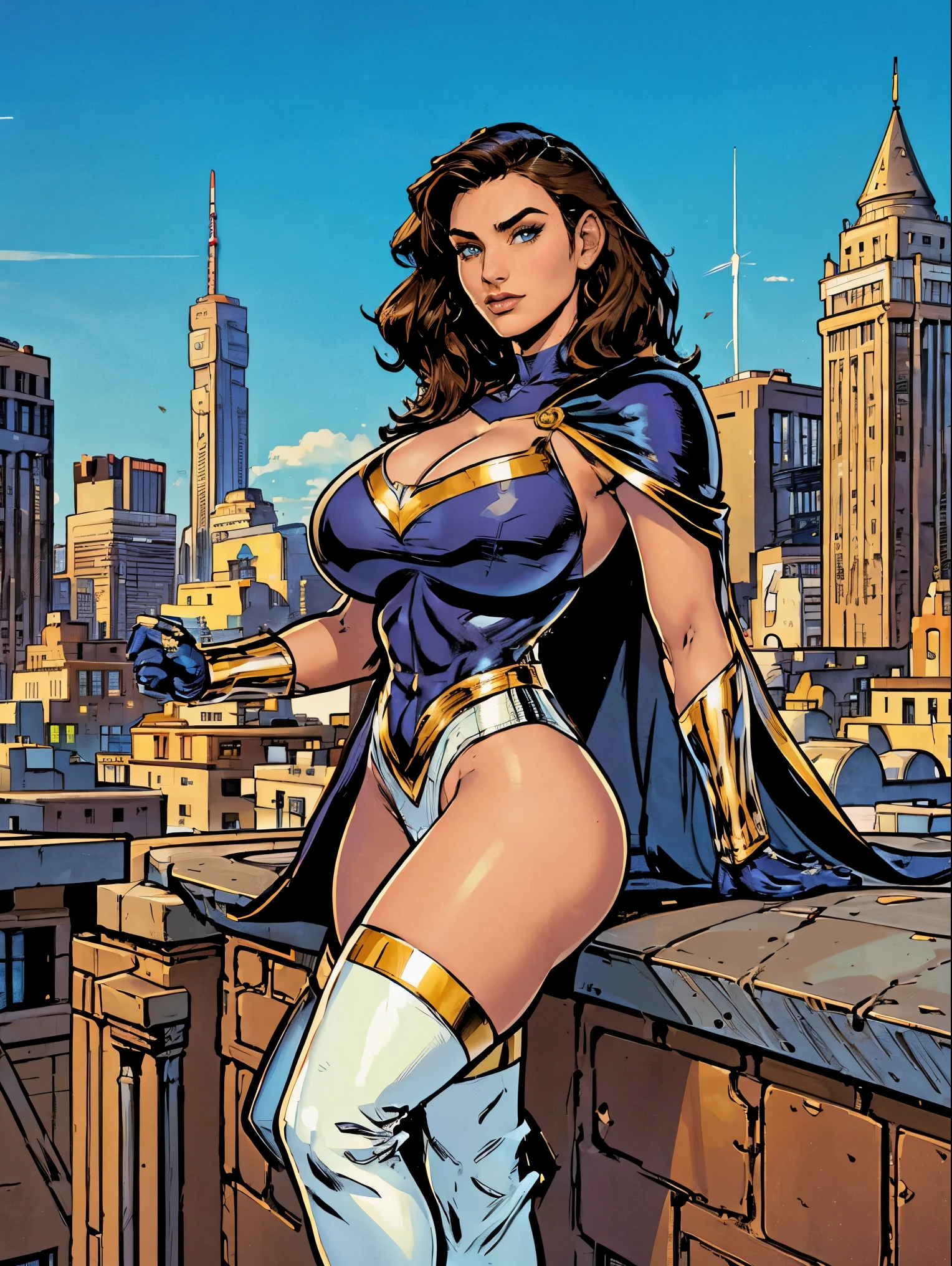 Gorgeous and sultry busty athletic (thin) brunette with sharp facial features and a (large nose) and (huge boobs) wearing a white and gold superhero leotard, cape, gloves, thigh-high boots. City skyline, rooftops, daytime.