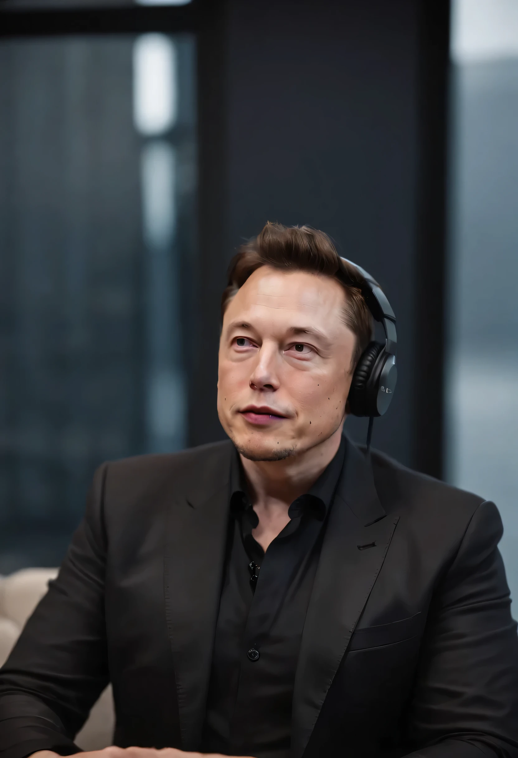 Elon musk wearing black suit, sits at the table with mic and headphones,he is a guest in a podcast,boy frowning,High quality,Full of details,Third Person View
